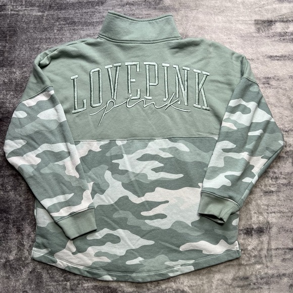 Victoria's Secret Tops - Y2K Victoria Secret Love PINK 1/4 Zip Sweatshirt Camo Green Embroidered Size M